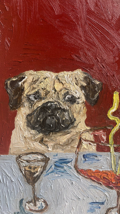 Designated Driver" by Leah Boyd is an original oil painting depicting a pug seated at a table with a drink in a glass and a decanter, set against a textured red background. Signed by the artist, this captivating canvas art captures the scene in vivid detail, making it an exceptional addition to any collection and the perfect choice for dog lovers.