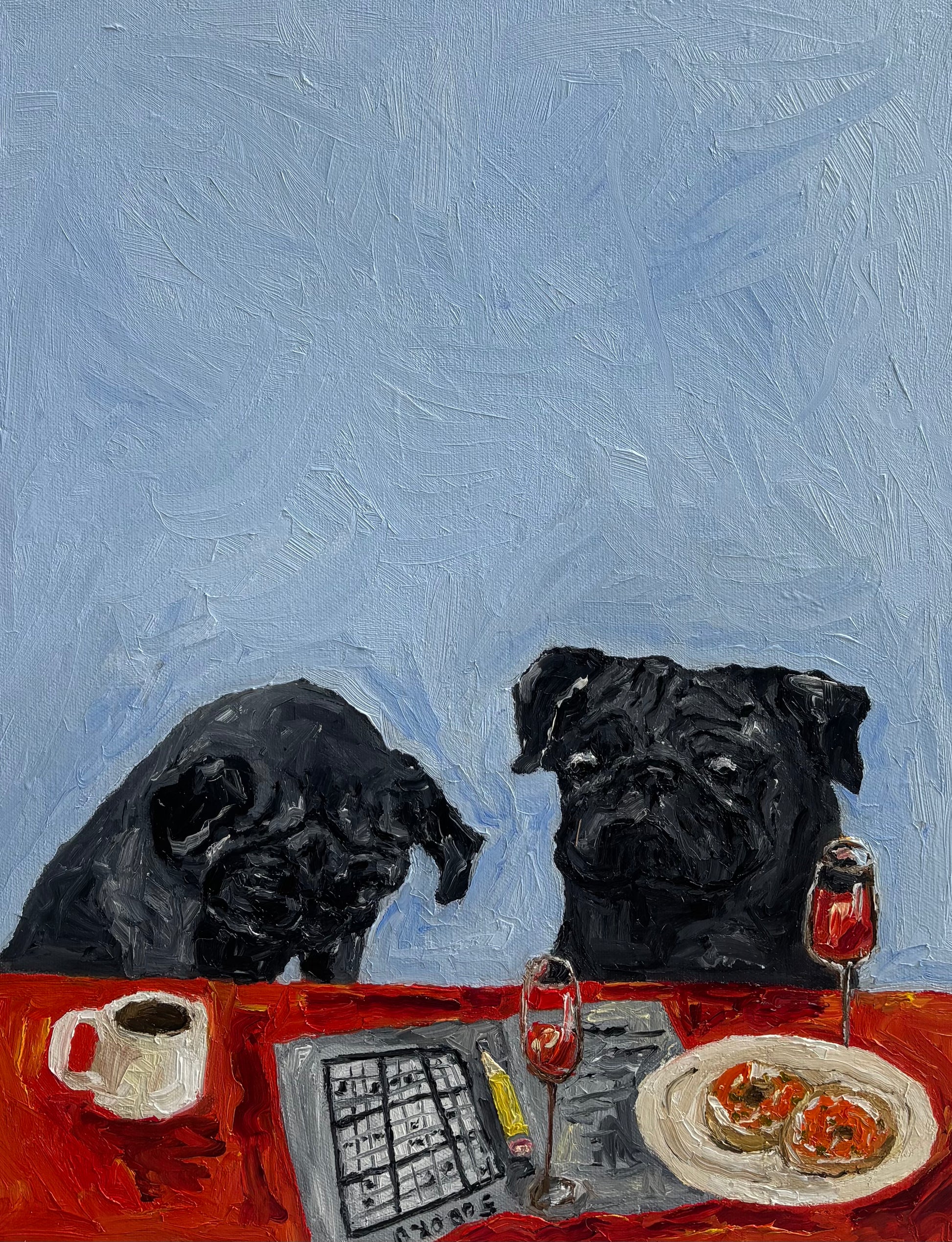 Two black pugs sit at a red table with a coffee cup, a Level Hard Sudoku puzzle by Leah Boyd, a pencil, two glasses of red wine, and a plate of food, set against a blue background. Captured as an original oil painting and signed by the artist, this charming piece is perfect for pug lovers and art collectors alike.