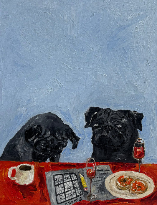 Two black pugs sit at a red table with a coffee cup, a Level Hard Sudoku puzzle by Leah Boyd, a pencil, two glasses of red wine, and a plate of food, set against a blue background. Captured as an original oil painting and signed by the artist, this charming piece is perfect for pug lovers and art collectors alike.