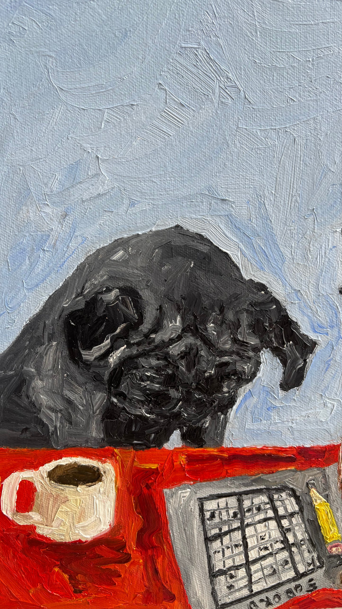 A black dog looks down at a red table featuring a cup of coffee and a sheet of Level Hard Sudoku by Leah Boyd. Painted in an expressive, textured style, this signed artwork is a striking original oil painting.
