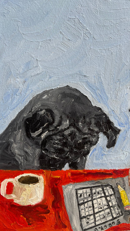 A black dog looks down at a red table featuring a cup of coffee and a sheet of Level Hard Sudoku by Leah Boyd. Painted in an expressive, textured style, this signed artwork is a striking original oil painting.