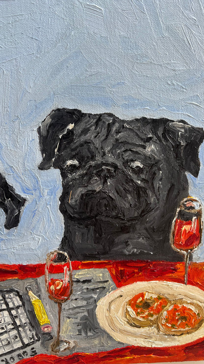 An original oil painting of a black pug sitting at a table with two glasses of red wine, a plate of food, a Leah Boyd Level Hard Sudoku puzzle, and a yellow pencil on a red tablecloth. This signed artwork captures the charming scene in vibrant detail.