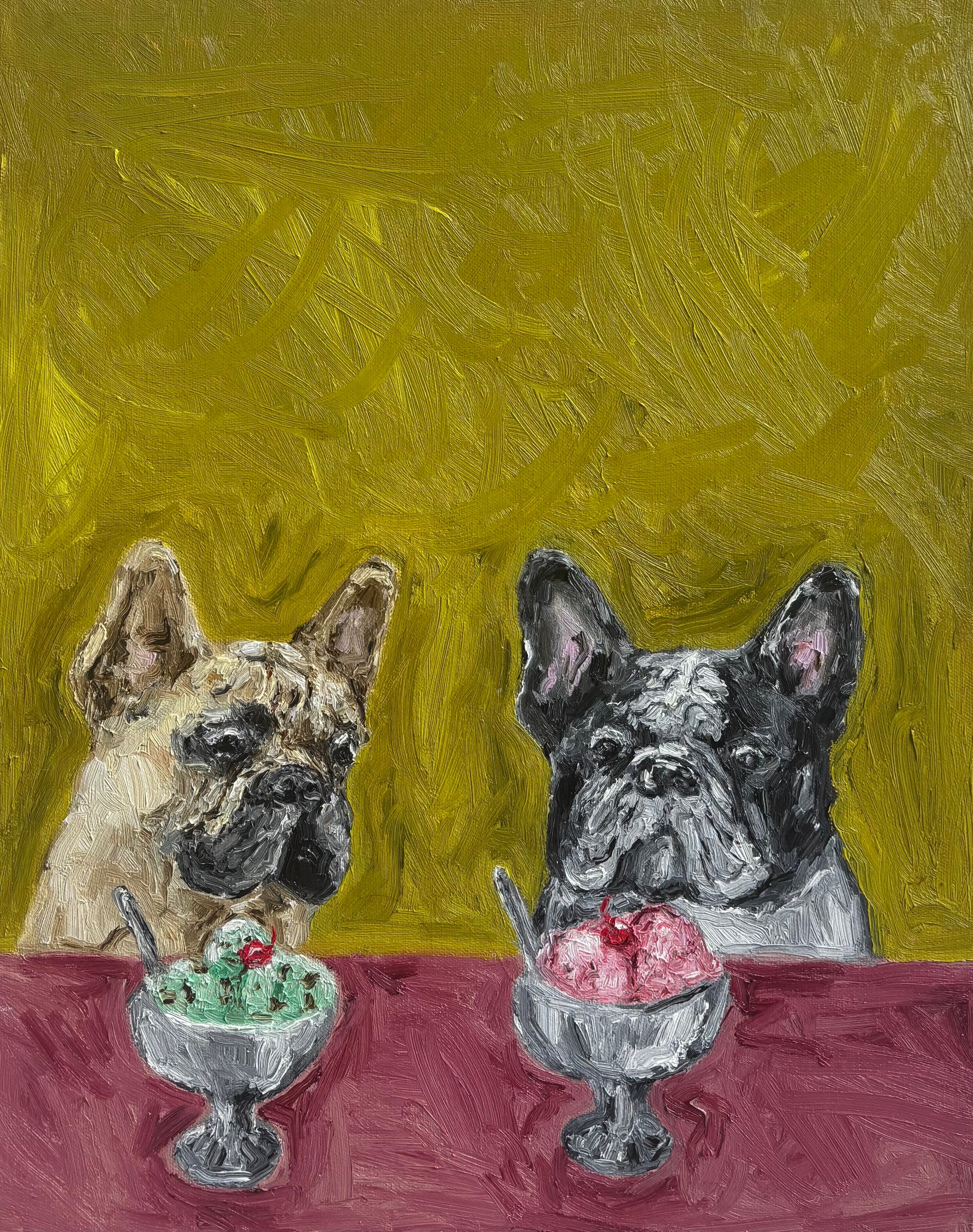 À la mode by Leah Boyd is an original oil painting featuring two French bulldogs sitting at a table with bowls of green and pink ice cream before them, set against a textured yellow background—a charming and playful addition to your space.