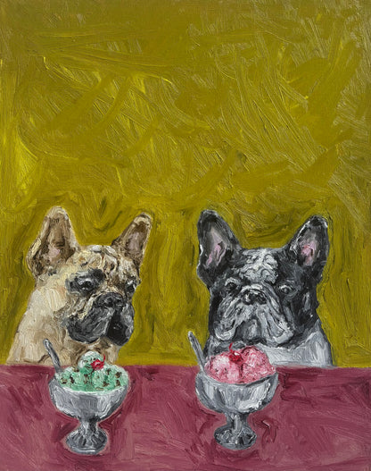 À la mode by Leah Boyd is an original oil painting featuring two French bulldogs sitting at a table with bowls of green and pink ice cream before them, set against a textured yellow background—a charming and playful addition to your space.