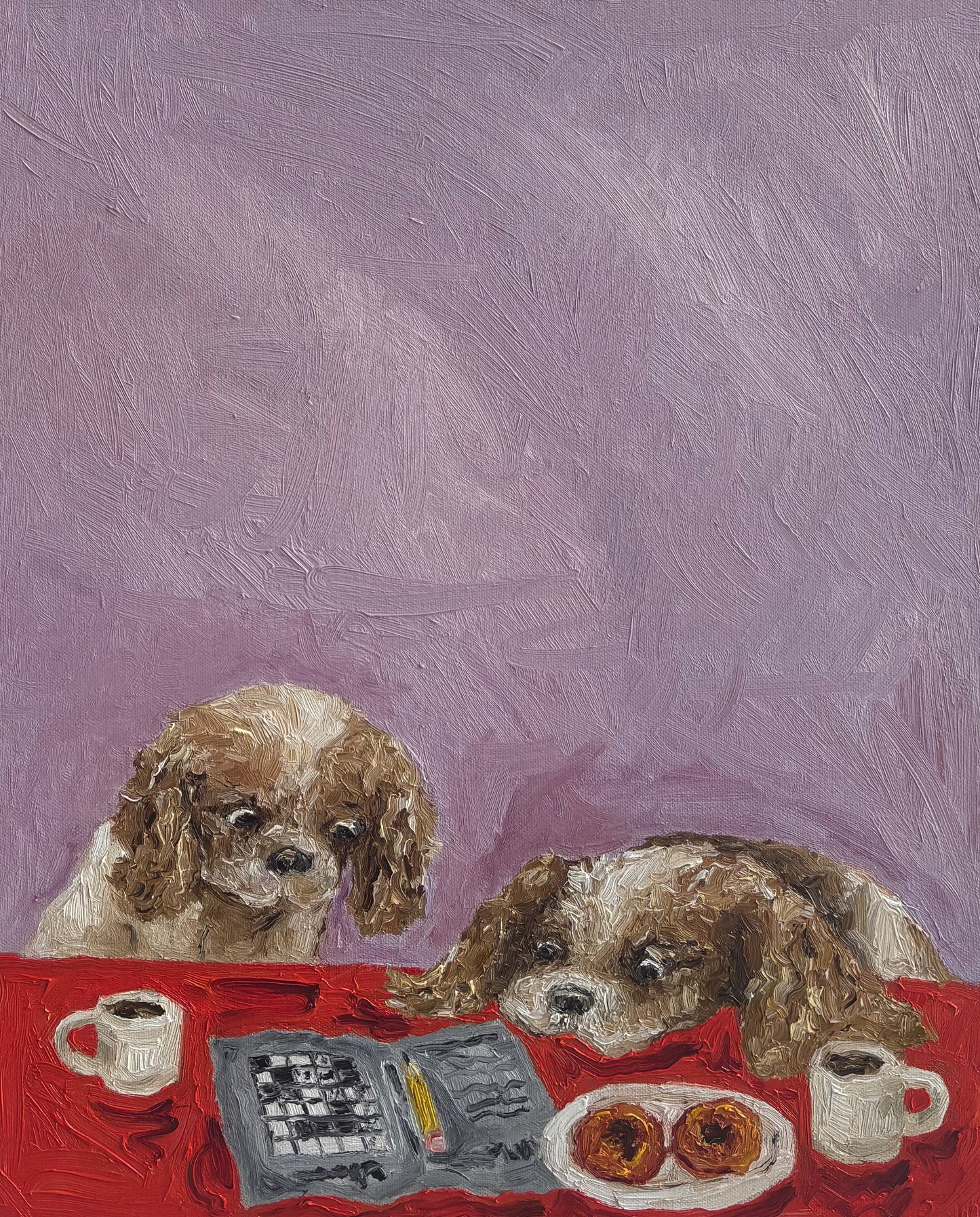 Two dogs sit at a red table with coffee, a crossword puzzle, a pencil, and two pastries in front of a purple background. Titled Cavalier Conundrum by Leah Boyd, this original oil painting showcases one dog focused on the puzzle while the other rests its head on the table. Signed by the artist, this delightful artwork is ideal for any dog lover or art enthusiast.