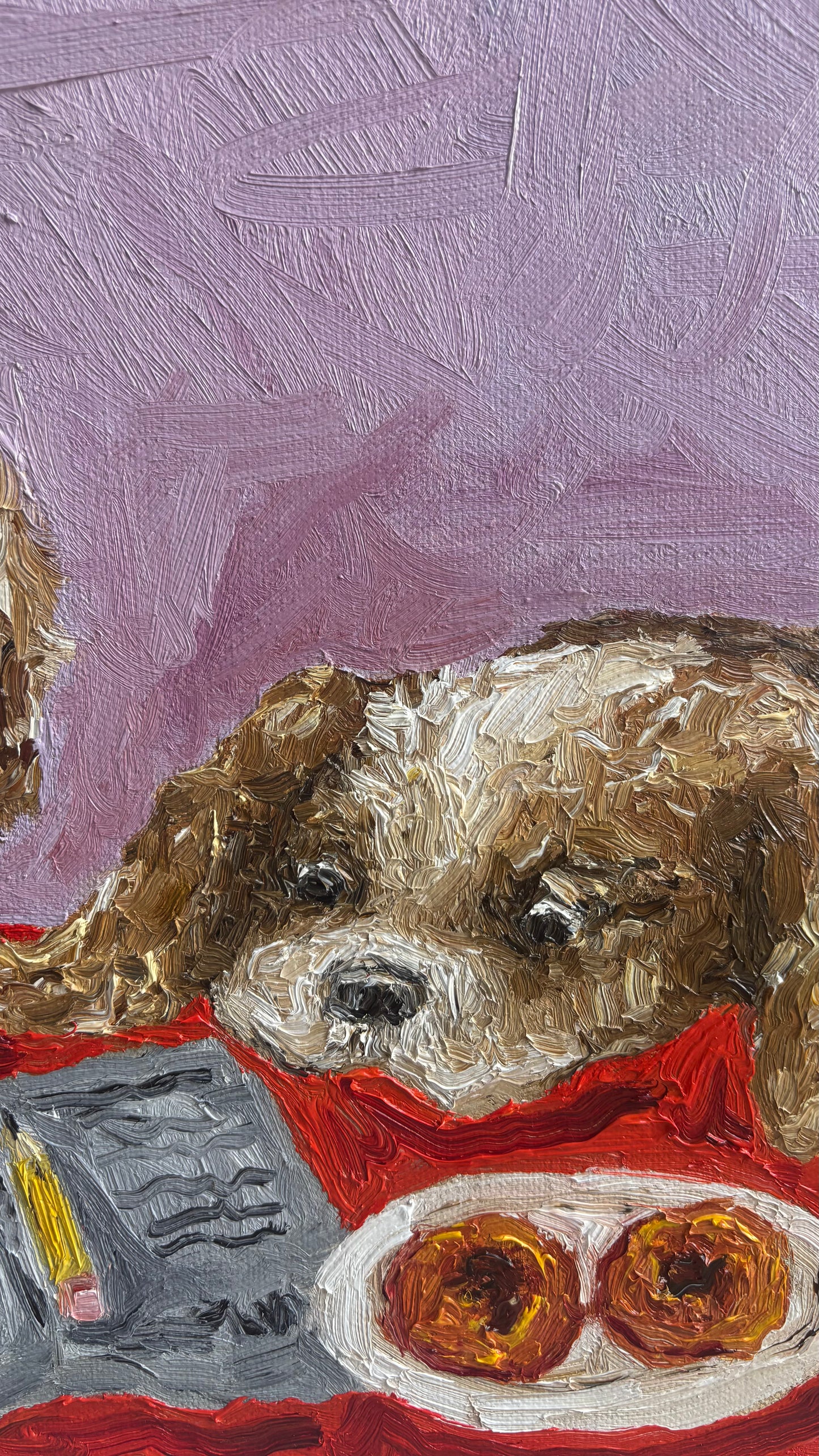Discover “Cavalier Conundrum” by Leah Boyd—a textured, signed original oil painting featuring a brown dog inspired by the collection. The dog rests its head on a red table, gazing at a plate with two pieces of food, set against a purple background with expressive brushstrokes that add depth to the piece.