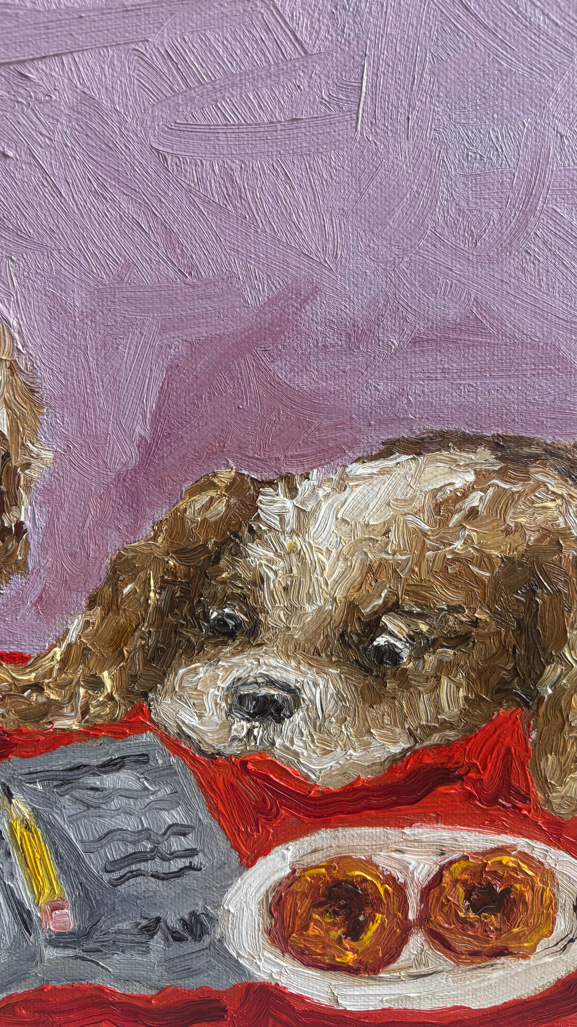 Discover “Cavalier Conundrum” by Leah Boyd—a textured, signed original oil painting featuring a brown dog inspired by the collection. The dog rests its head on a red table, gazing at a plate with two pieces of food, set against a purple background with expressive brushstrokes that add depth to the piece.