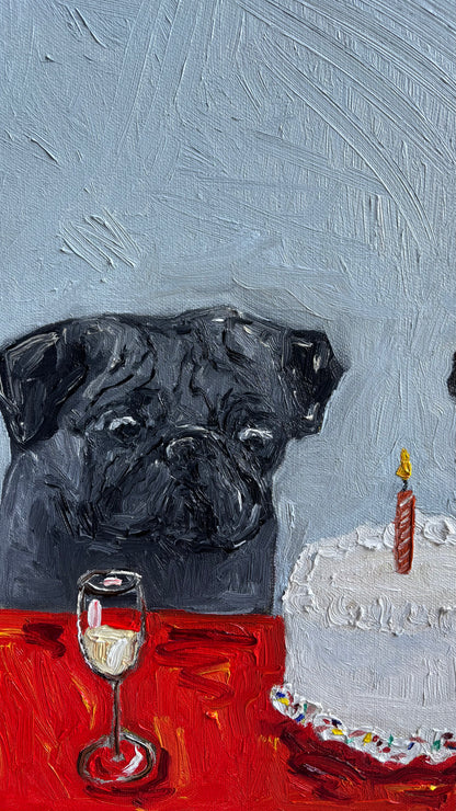 Birthday Blues by Leah Boyd is a captivating original oil painting featuring a black pug gazing wistfully at a birthday cake with one lit candle, set on a red table next to a glass of wine—this charming canvas art perfectly captures the essence of its namesake.