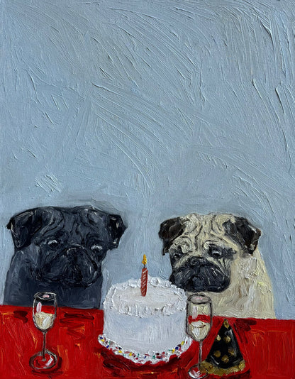 Two pugs sit at a red table, gazing at a white frosted cake with a single lit candle, surrounded by glasses and a party hat, all set against a textured gray backdrop—beautifully capturing the whimsical spirit of “Birthday Blues” by Leah Boyd in this charming canvas art.