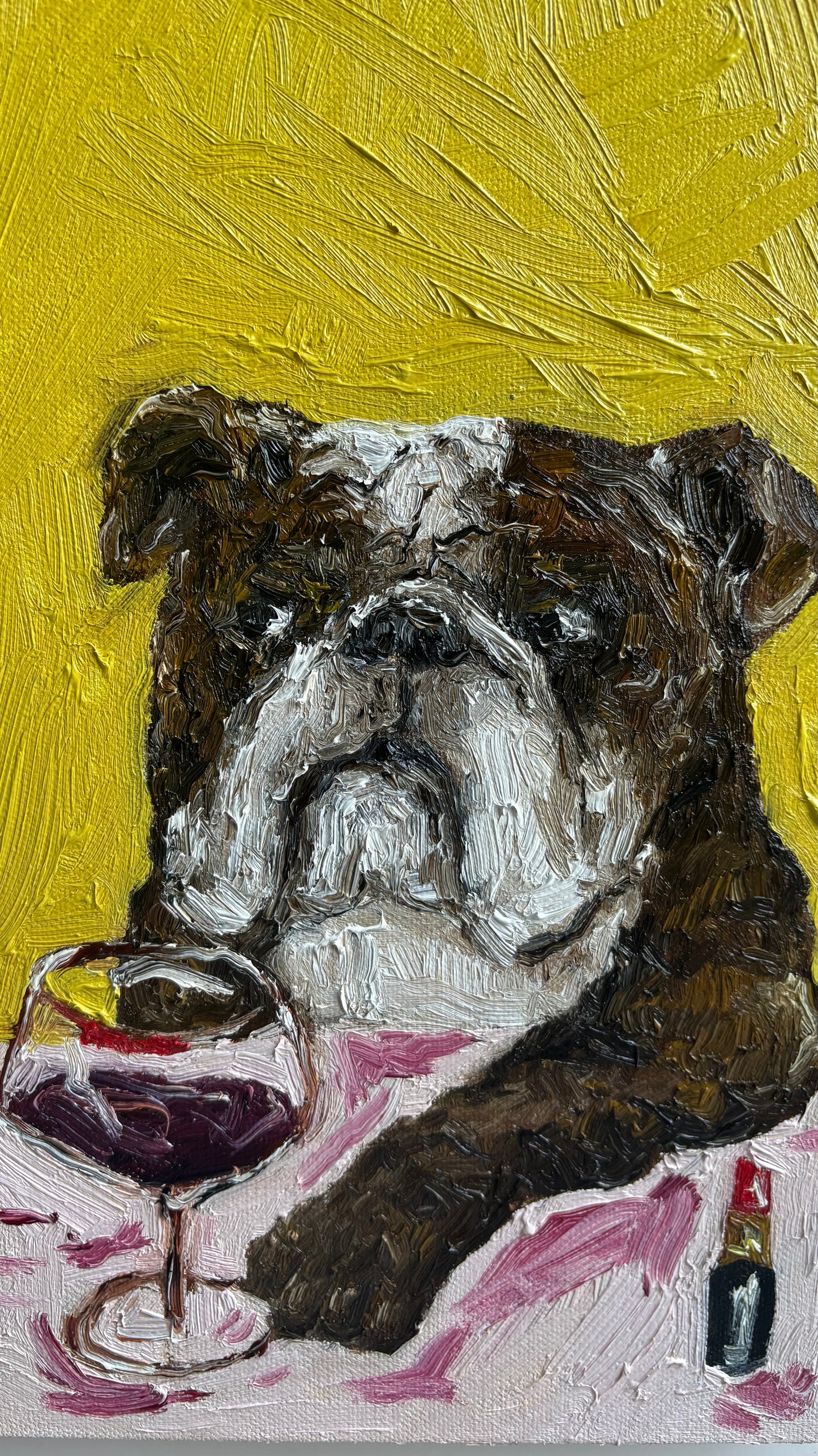 Bring personality to your space with “Wine Night & Gossip” by Leah Boyd—an original, signed oil painting featuring a grumpy bulldog resting its paw on a table beside a spilled glass of red wine and bottle, all set against a vibrant, textured yellow background. Ready to hang and perfect for art lovers with a sense of humor.