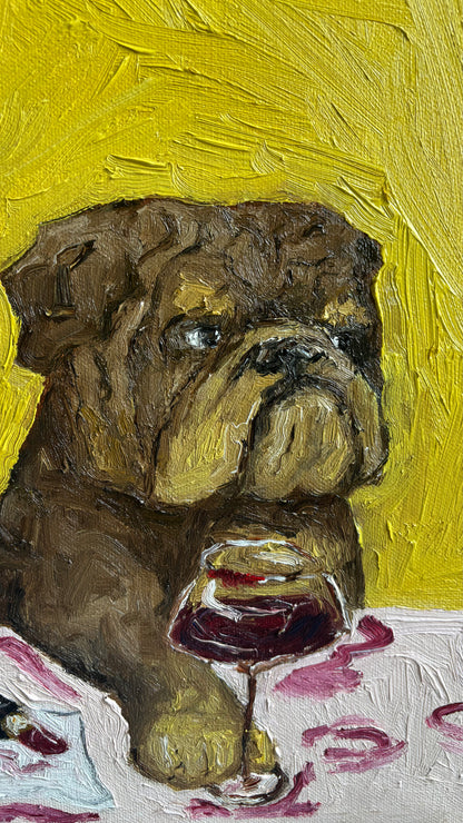 Introducing “Wine Night & Gossip” by Leah Boyd—a signed original oil painting featuring a brown bulldog seated at a table with a glass of red wine, set against a vibrant yellow background. This ready-to-hang artwork is the perfect addition to any space.