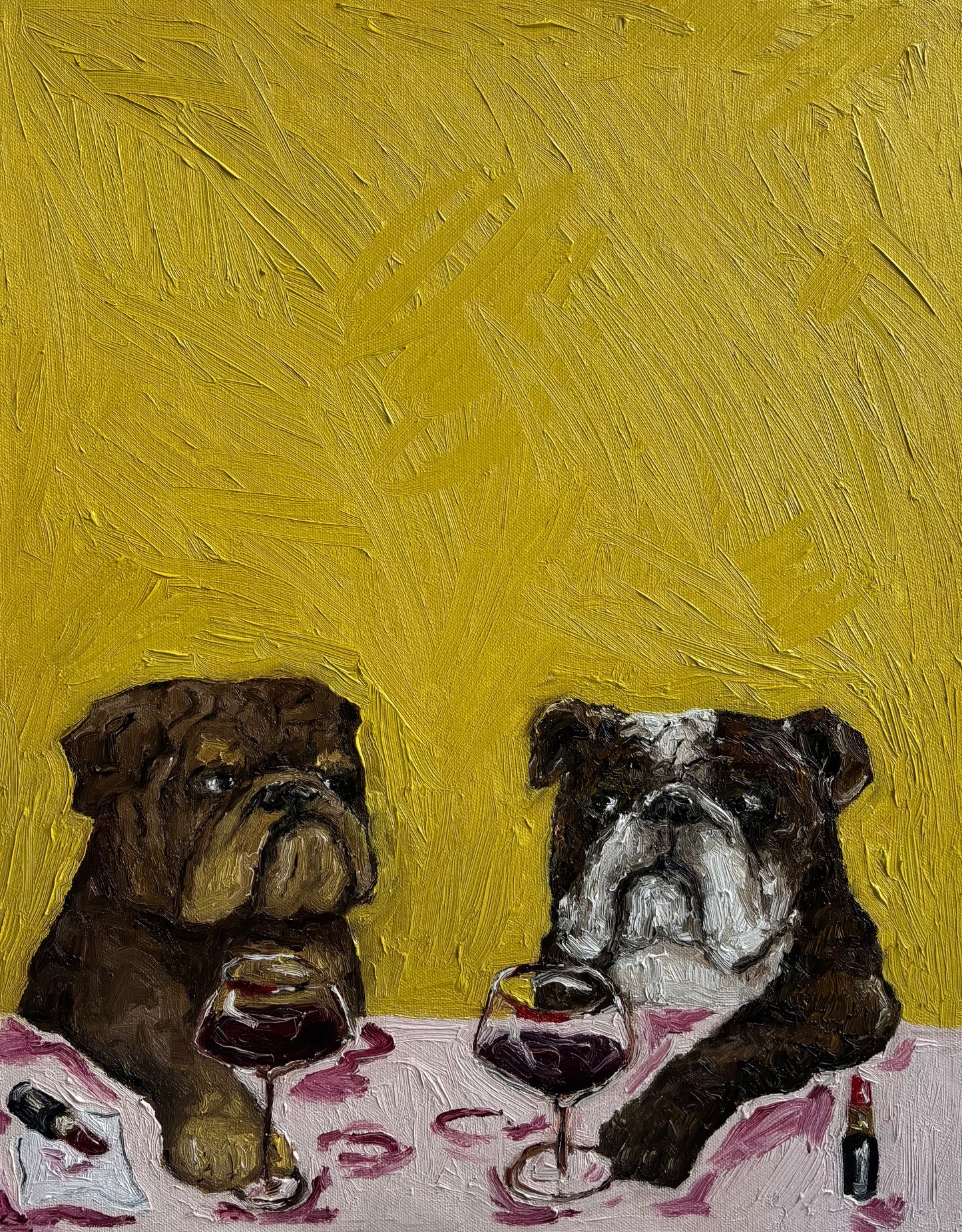 Two bulldogs sit at a table with wine glasses and spilled wine against a textured yellow background in “Wine Night & Gossip,” an original oil painting by Leah Boyd. The charming artwork comes signed by the artist and ready to hang, capturing the dogs as if they’re enjoying a drink together.