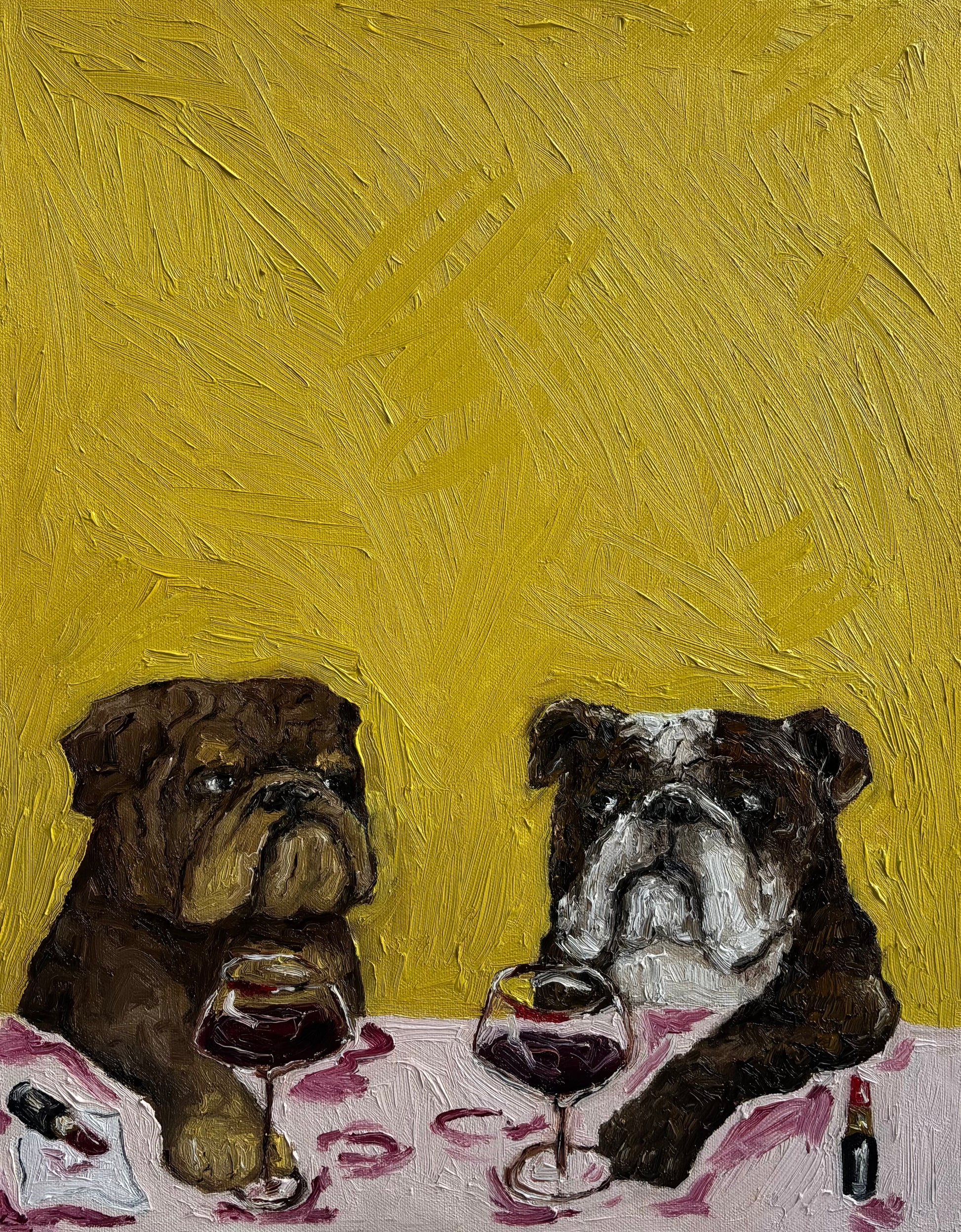 Two bulldogs sit at a table with wine glasses and spilled wine against a textured yellow background in “Wine Night & Gossip,” an original oil painting by Leah Boyd. The charming artwork comes signed by the artist and ready to hang, capturing the dogs as if they’re enjoying a drink together.