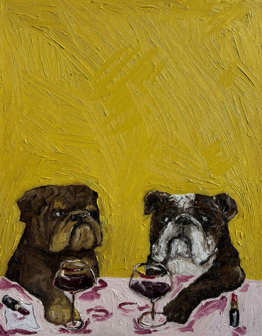 Two bulldogs sit at a table with wine glasses and spilled wine against a textured yellow background in “Wine Night & Gossip,” an original oil painting by Leah Boyd. The charming artwork comes signed by the artist and ready to hang, capturing the dogs as if they’re enjoying a drink together.
