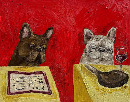 I’ll Have What She’s Having“ by Leah Boyd is a textured original oil painting depicting two bulldogs at a restaurant table—one perusing a menu, while the other enjoys a steak and glass of red wine. Set against a vibrant bright red background, this charming artwork arrives ready to hang and includes a certificate of authenticity.
