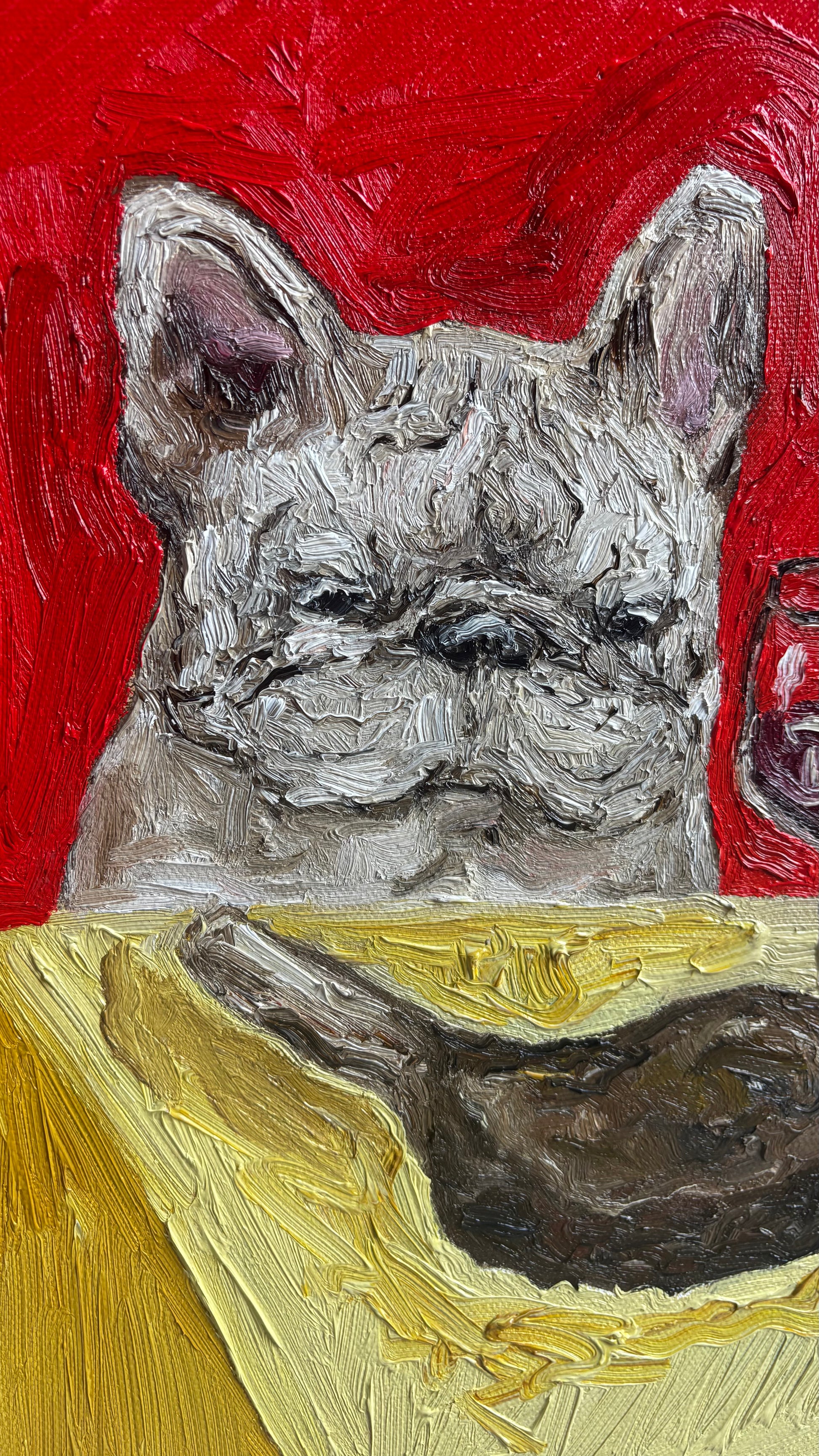 Introducing “I’ll Have What She’s Having” by Leah Boyd—a striking original oil painting depicting a gray French bulldog with prominent ears seated behind a yellow table against a vivid red backdrop. Thick, textured brushstrokes lend the artwork an expressive character. This piece comes ready to hang and is accompanied by a certificate of authenticity.