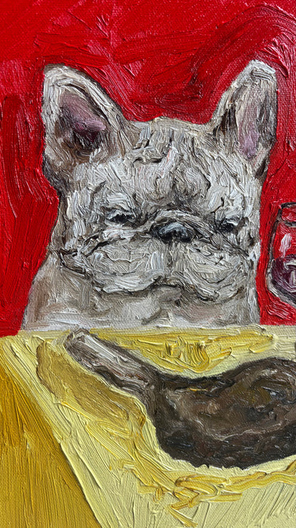 Introducing “I’ll Have What She’s Having” by Leah Boyd—a striking original oil painting depicting a gray French bulldog with prominent ears seated behind a yellow table against a vivid red backdrop. Thick, textured brushstrokes lend the artwork an expressive character. This piece comes ready to hang and is accompanied by a certificate of authenticity.