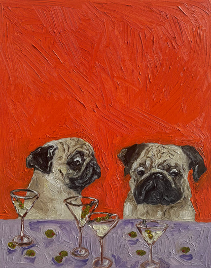 ‘One Too Many’ by Leah Boyd features two pugs seated at a table with martini glasses and olives set before them, all against a vibrant textured red background, creating a whimsical scene ideal for canvas art or an original oil painting.