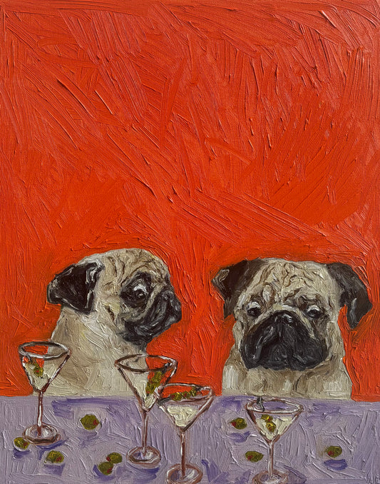 ‘One Too Many’ by Leah Boyd features two pugs seated at a table with martini glasses and olives set before them, all against a vibrant textured red background, creating a whimsical scene ideal for canvas art or an original oil painting.