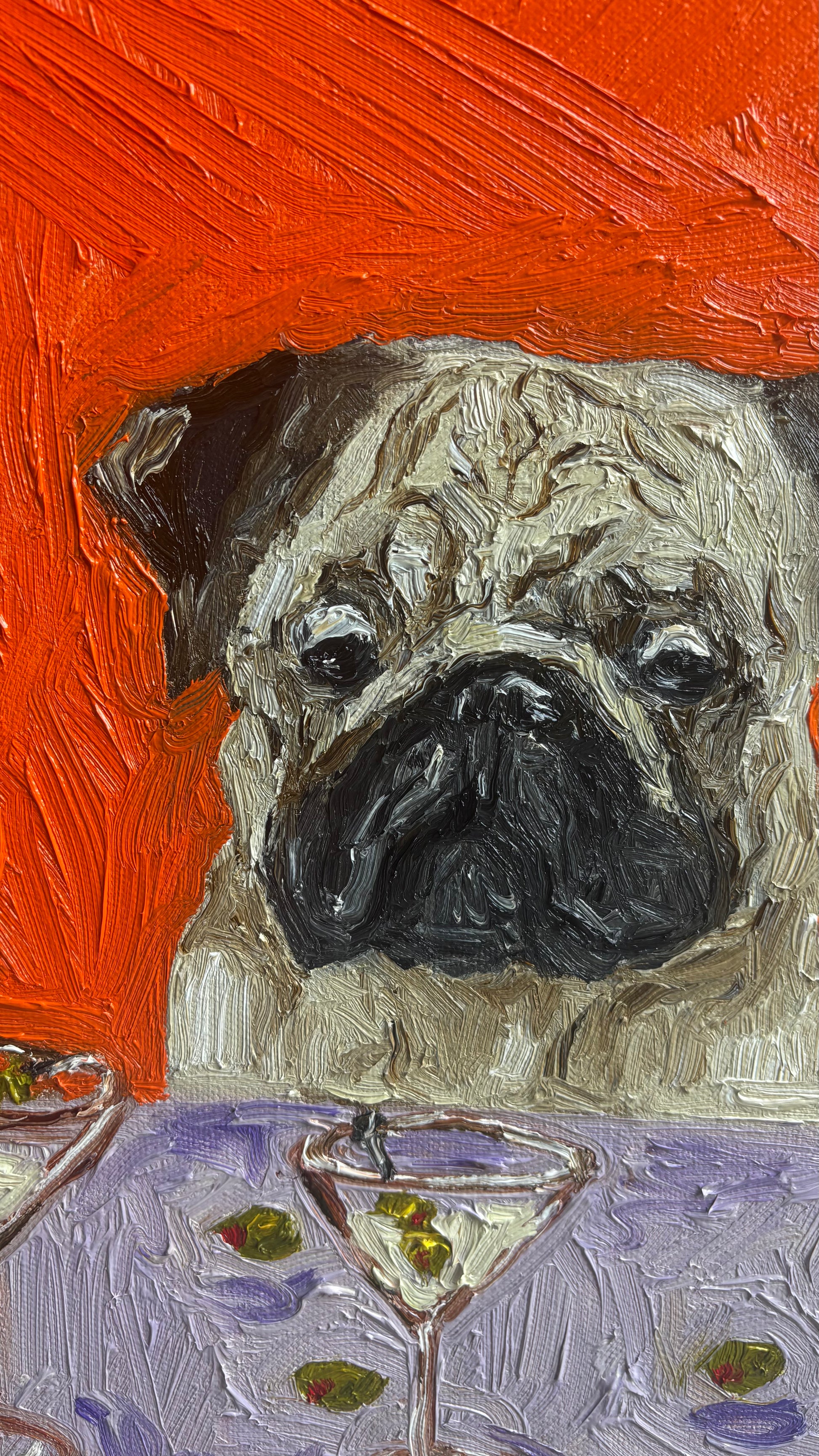 One Too Many“ by Leah Boyd is an original oil painting featuring a close-up of a pug rendered in expressive, thick brushstrokes against a vivid orange background, with martini glasses set on a foreground table. This authentic artwork radiates playful charm and warmth, making it a standout addition to any canvas art collection.