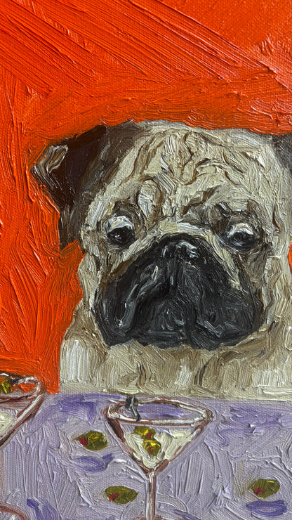 One Too Many“ by Leah Boyd is an original oil painting featuring a close-up of a pug rendered in expressive, thick brushstrokes against a vivid orange background, with martini glasses set on a foreground table. This authentic artwork radiates playful charm and warmth, making it a standout addition to any canvas art collection.
