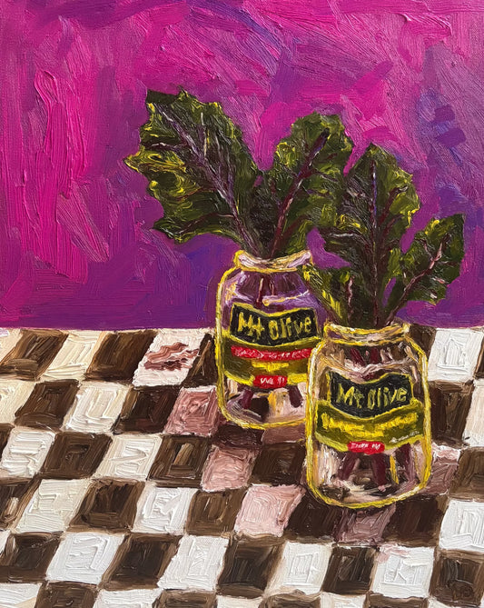 A signed Leah Boyd oil on canvas titled "Mt. Olive Pickles and Collard Greens" depicts two Mt. Olive jars with leafy greens on a checkered surface, set against a vibrant magenta and purple background. Paint application is thick and textural.
