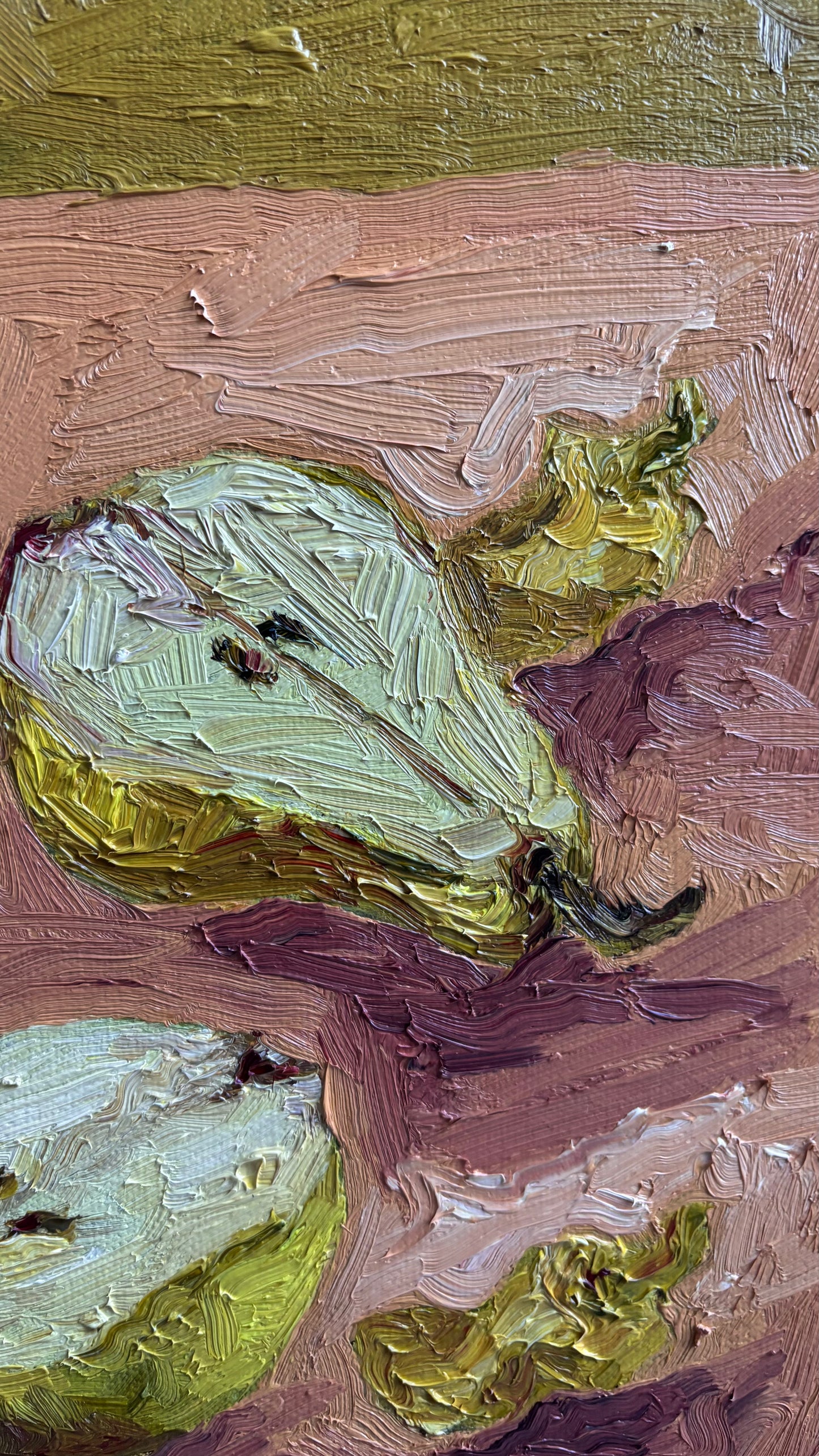 Close-up of "Pears & Pepperoncini" by Leah Boyd, featuring textured brushstrokes that form a sliced pear on a pinkish-brown surface with earthy tones. 