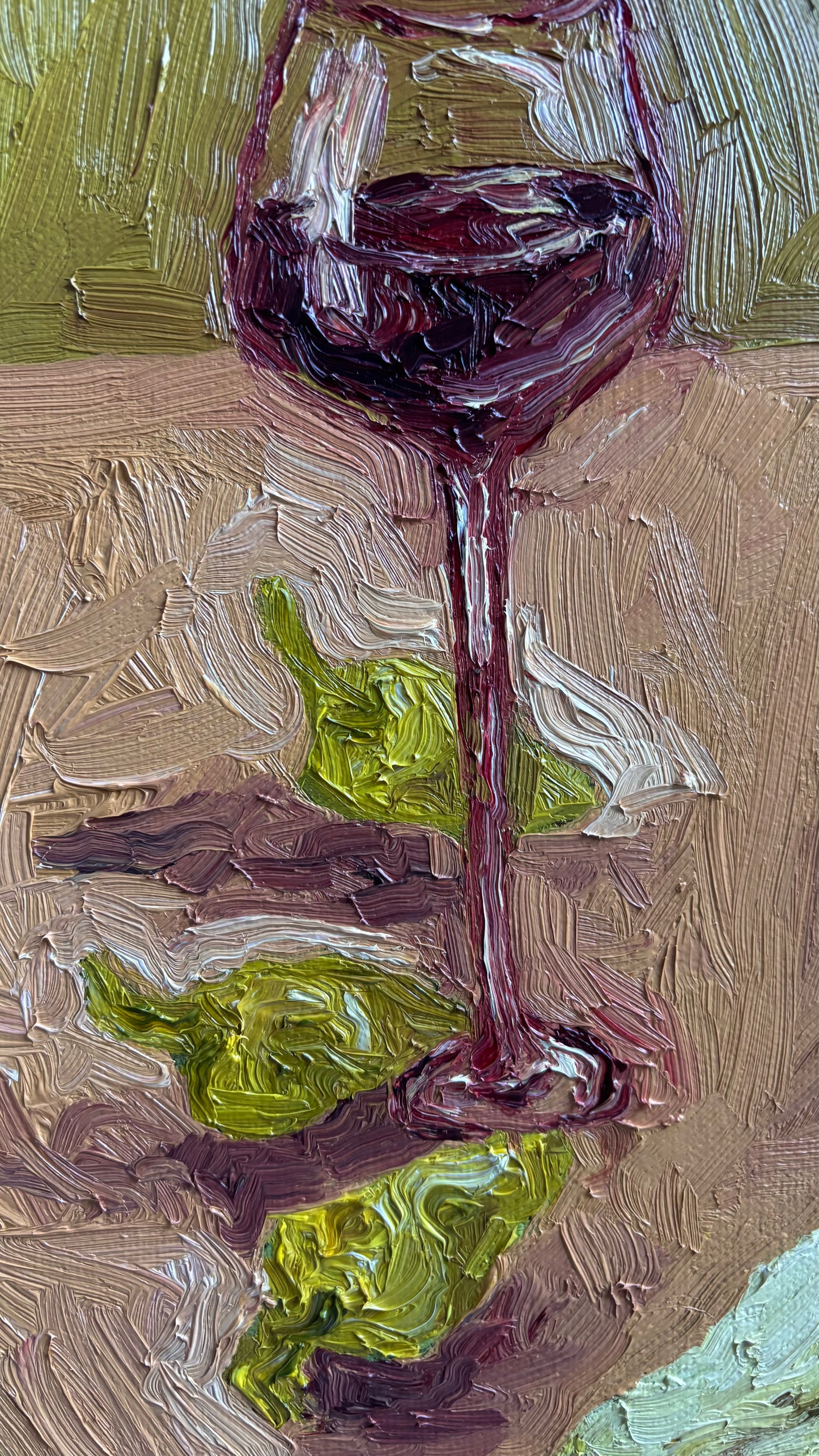 Close-up of "Pears & Pepperoncini," an original Leah Boyd oil painting. Bold, textured strokes form a glass of red wine on a table with green pears, and pepperoncini. Signed by the artist and rendered in a vibrant, abstract style.