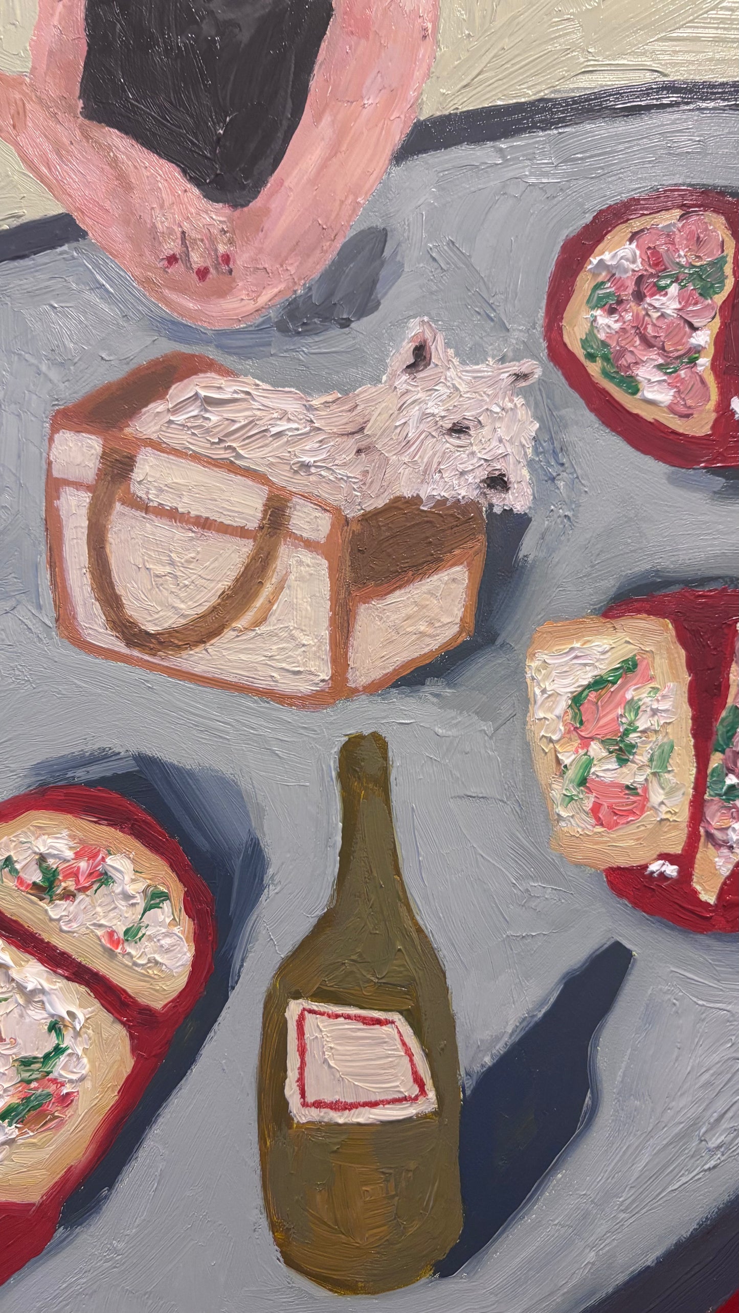 Dinner for One no. 8: Purse Pup by Leah Boyd is an original oil painting on cradled gesso-board, showing a picnic scene from above with a small white dog in a tote, wine bottle, decorated sandwiches on red plates, and charming bare feet.