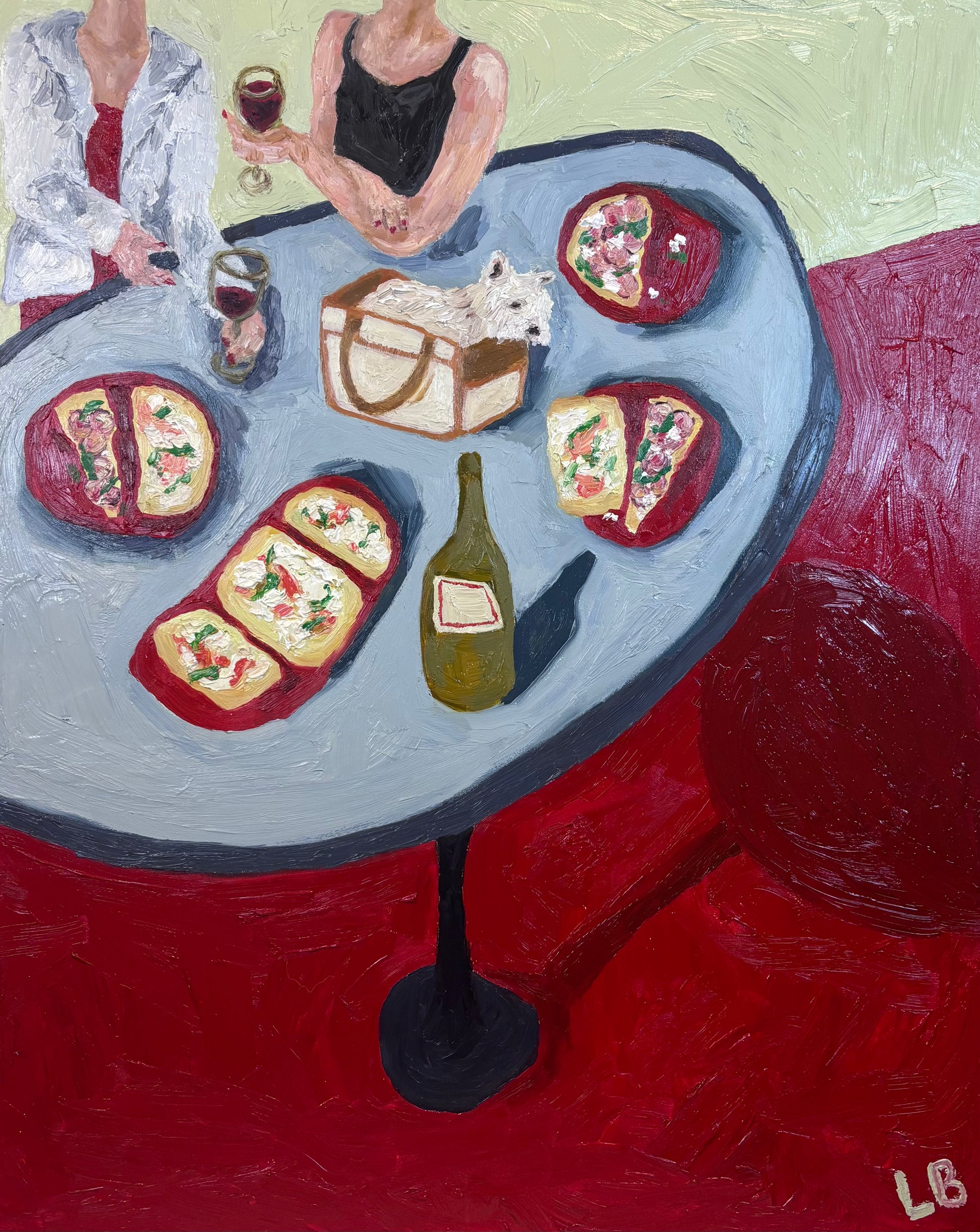 Dinner for One no. 8: Purse Pup by Leah Boyd—an impressionist oil painting on cradled gesso-board, featuring two women, pizzas, red wine, and a small white dog in a tote on a red floor. Signed 'LB'. Includes certificate of authenticity.