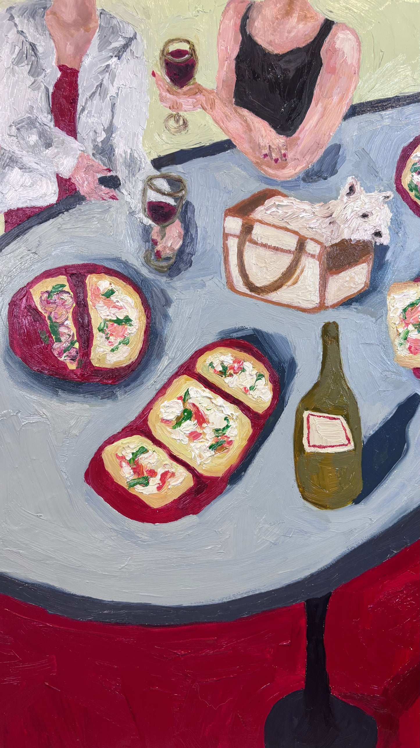 Dinner for One no. 8: Purse Pup by Leah Boyd is an original oil painting on cradled gesso-board featuring two women, flatbread pizzas, red wine, and a small white dog in a tan bag. Includes certificate of authenticity.