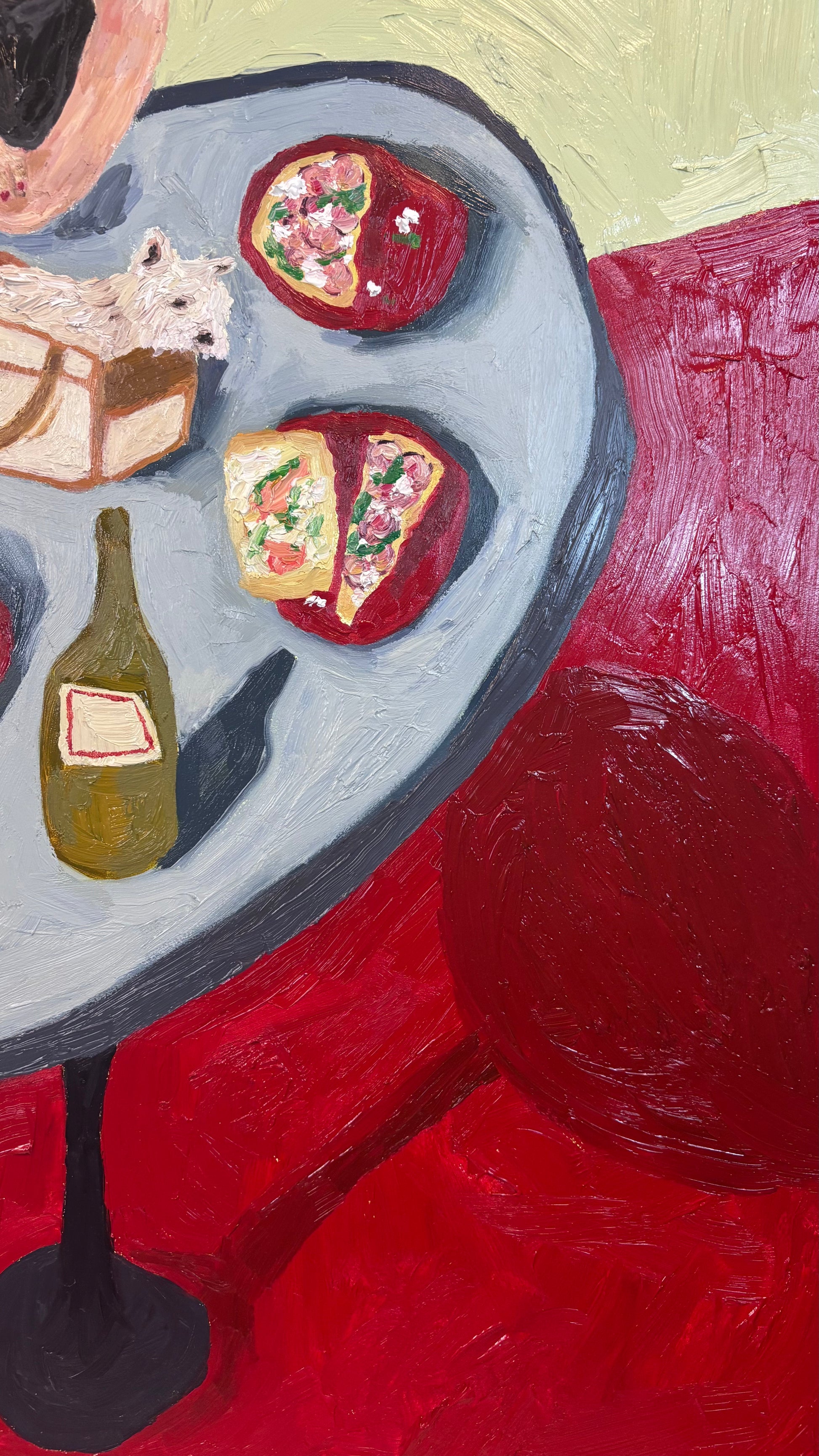 Dinner for One no. 8: Purse Pup by Leah Boyd is an original oil painting on cradled gesso-board. Loose, expressive brushstrokes and a vibrant red floor energize this abstract piece. Includes certificate of authenticity.