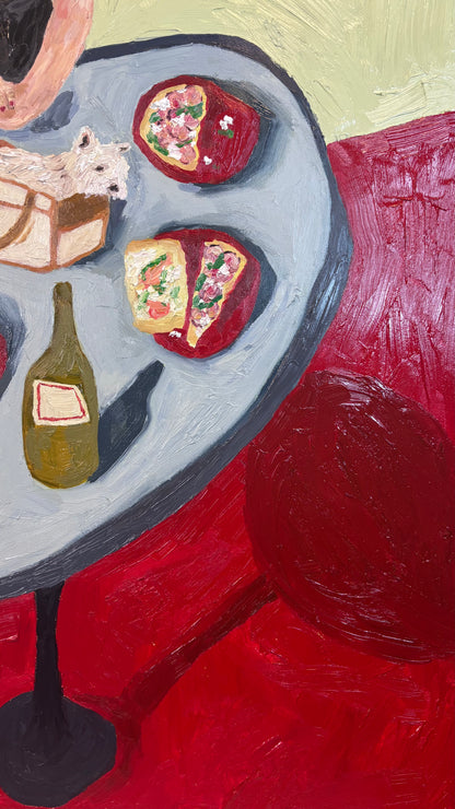Dinner for One no. 8: Purse Pup by Leah Boyd is an original oil painting on cradled gesso-board. Loose, expressive brushstrokes and a vibrant red floor energize this abstract piece. Includes certificate of authenticity.
