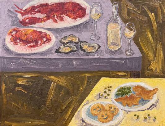 The Kids Table" by Leah Boyd is an impressionist oil painting with bold colors and textured brushstrokes. It shows tables set with lobster, oysters, white wine, fried fish, peas, and bread rolls. Includes a certificate of authenticity.