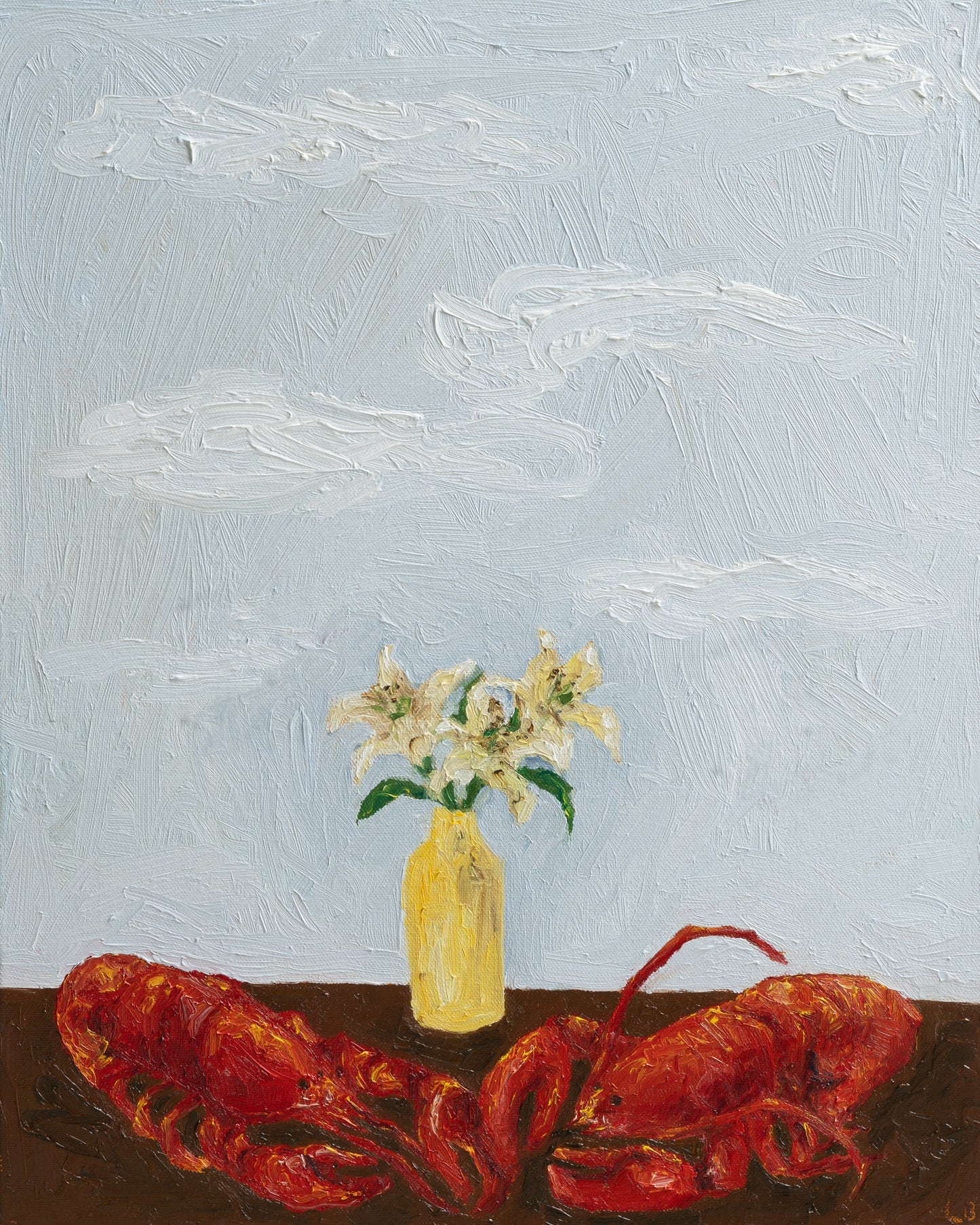 ‘Til Death Do Us Part or Consider the Lobster by Leah Boyd is a signed 16x20 original oil painting featuring white lilies in a yellow vase, two vivid red lobsters, and a textured light blue sky with clouds.