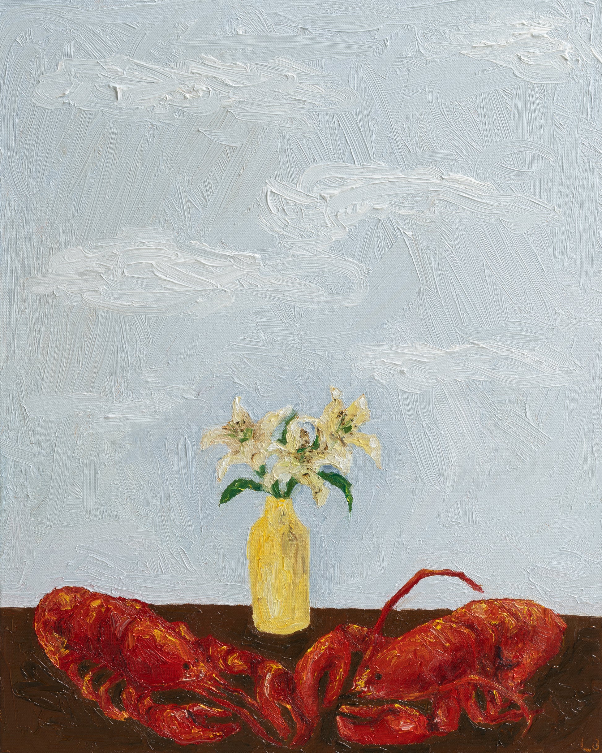 ‘Til Death Do Us Part or Consider the Lobster by Leah Boyd is a signed 16x20 original oil painting featuring white lilies in a yellow vase, two vivid red lobsters, and a textured light blue sky with clouds.