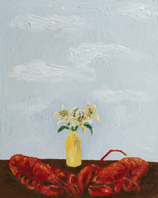 ‘Til Death Do Us Part or Consider the Lobster by Leah Boyd is a signed 16x20 original oil painting featuring white lilies in a yellow vase, two vivid red lobsters, and a textured light blue sky with clouds.