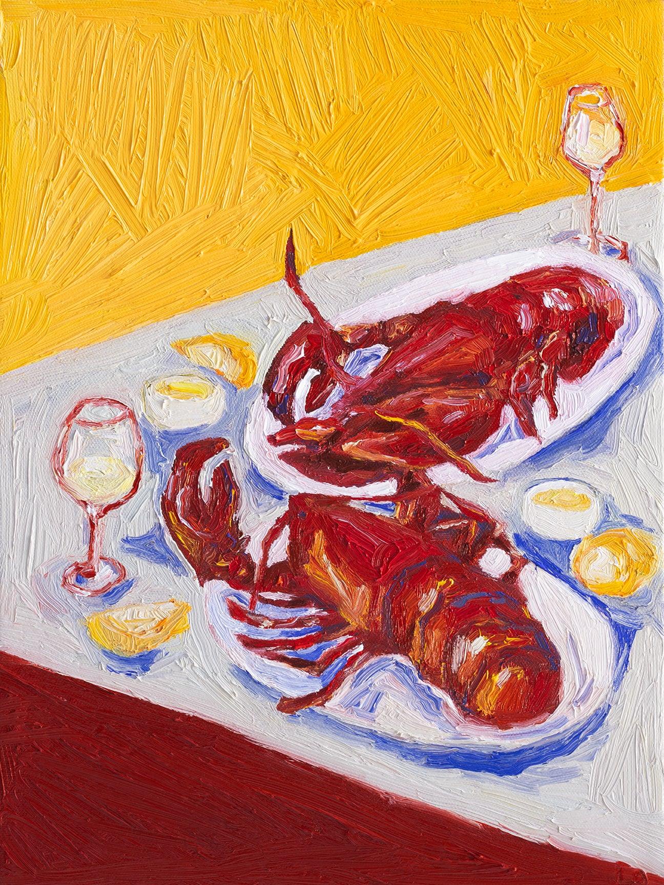 ‘Til Death Do Us Part’ by Leah Boyd features two cooked lobsters on oval plates with lemon wedges and white wine, rendered in bold, textured brushstrokes. 