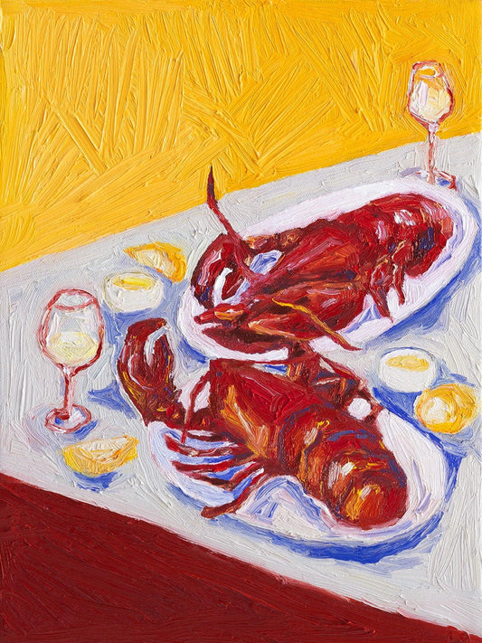 ‘Til Death Do Us Part’ by Leah Boyd features two cooked lobsters on oval plates with lemon wedges and white wine, rendered in bold, textured brushstrokes. 