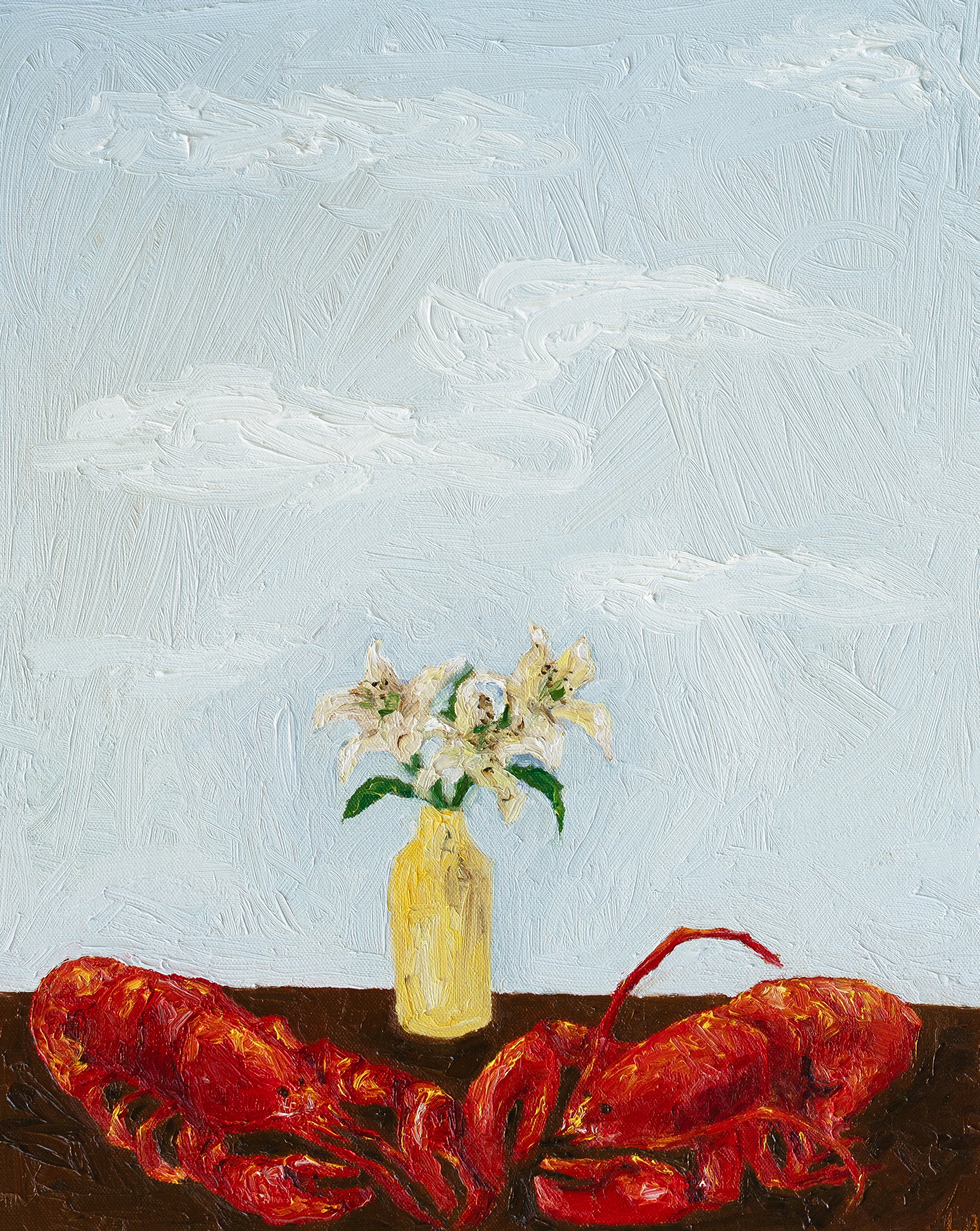 Leah Boyd’s 'Til Death Do Us Part or Consider the Lobster B-Grade Print features two red lobsters on a brown table, yellow vase of white lilies, and blue sky. Available as an 8x10" print on premium cotton rag paper.