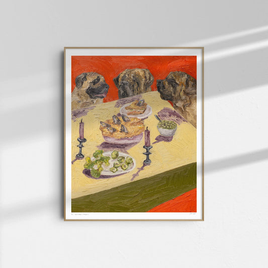 "English Mastiffs & Stargazy Pie" by Leah Boyd is a limited edition framed oil painting reproduction featuring three English Mastiffs at a food-filled table, with a vermillion backdrop and impressionistic style.