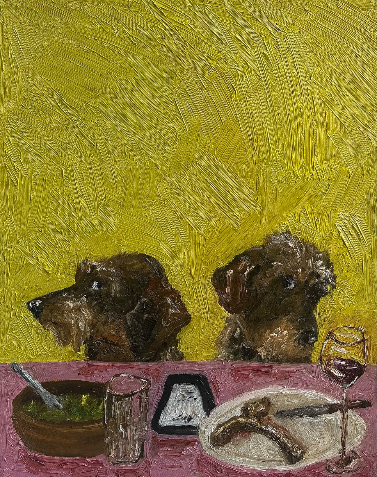 “We're Not Splitting” by Leah Boyd is an impressionistic 16 x 20-inch signed oil painting of two brown dogs at a table with food, wine, and a bowl against a textured yellow background.