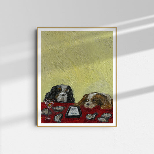 The Oysters, in Fact, Were Not $1 [PRINT PREORDER] by Leah Boyd is a framed limited edition art print featuring two dogs at a table with oysters and drinks on a red tablecloth against a textured yellow background.