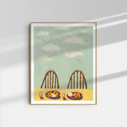 "Peaches & Cottage Cheese" by Leah Boyd is a framed oil on canvas depicting two empty wooden chairs at a table with peaches, cottage cheese, and drinks under a cloudy sky, sunlight casting shadows as it hangs on a white wall.