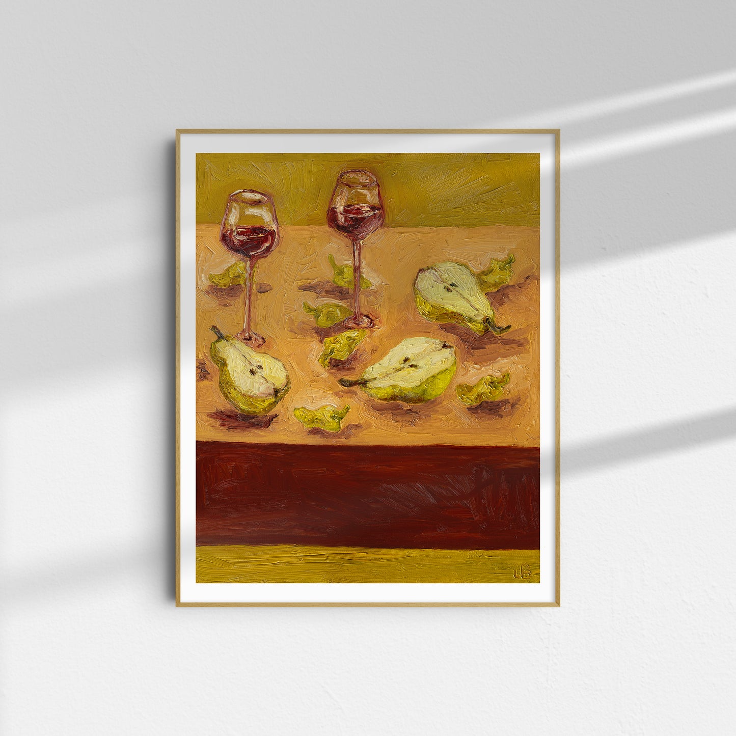 The Pears & Pepperoncini B-Grade Print by Leah Boyd is a framed 8x10 cotton rag print featuring two glasses of red wine, three pears, and slices, in rich earthy colors. It has a minor print error.