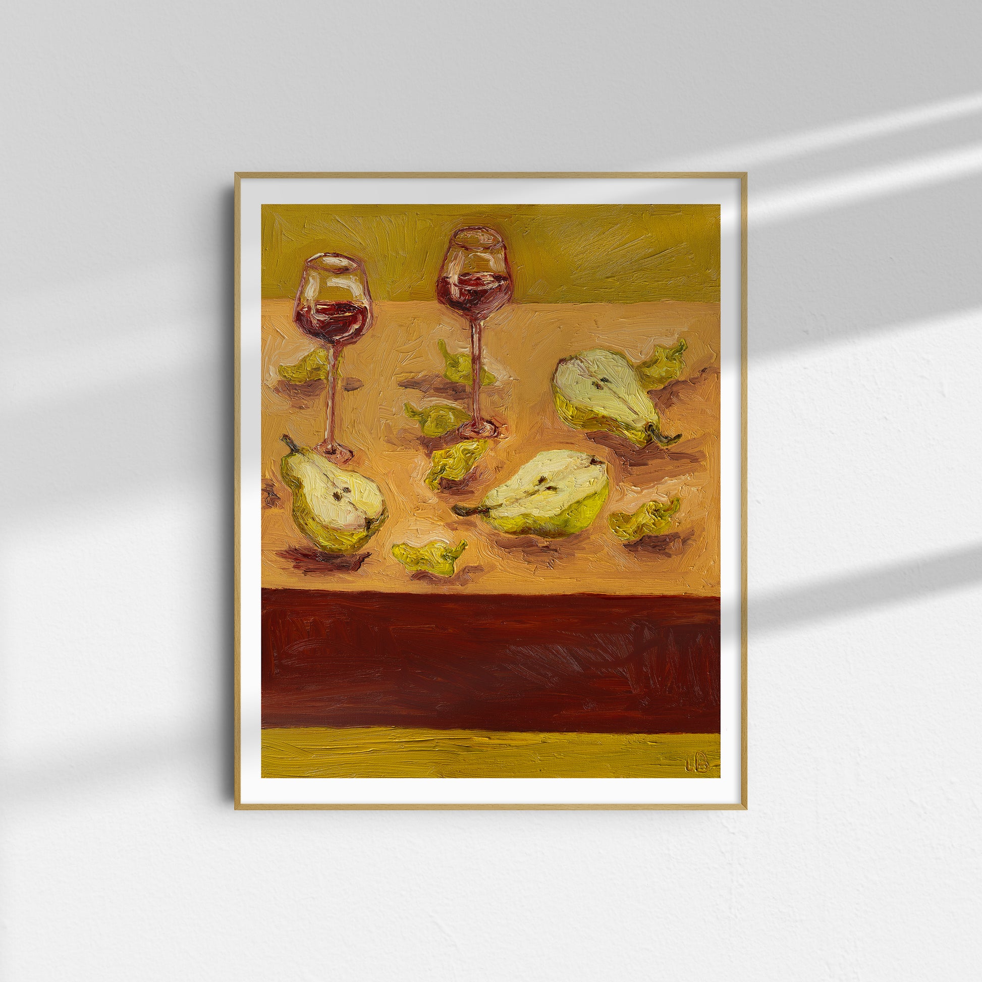 The Pears & Pepperoncini B-Grade Print by Leah Boyd is a framed 8x10 cotton rag print featuring two glasses of red wine, three pears, and slices, in rich earthy colors. It has a minor print error.