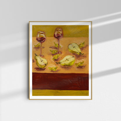The Pears & Pepperoncini B-Grade Print by Leah Boyd is a framed 8x10 cotton rag print featuring two glasses of red wine, three pears, and slices, in rich earthy colors. It has a minor print error.