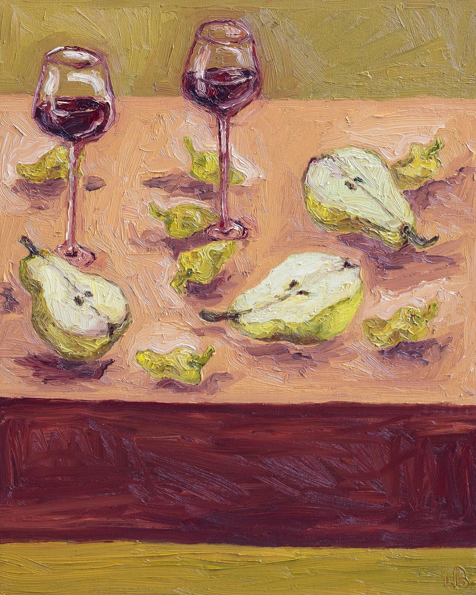 "Pears & Pepperoncini" by Leah Boyd features two glasses of red wine, sliced pears, and pepperoncini on a textured pastel pink table. The impressionistic oil painting highlights warm, earthy tones in the background and tabletop.