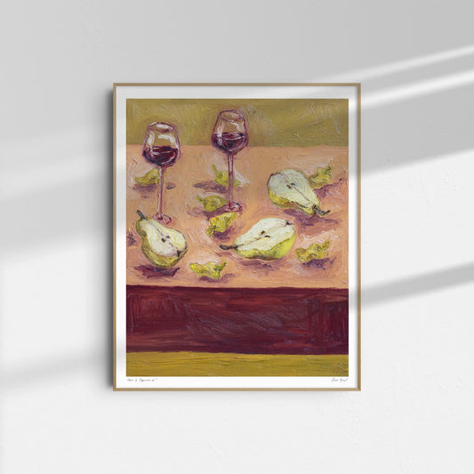 "Pears & Pepperoncini" by Leah Boyd is a framed art print on a white wall featuring two glasses of red wine with pears and pear slices on a table, set against a warm, textured background in pink, yellow, and burgundy.