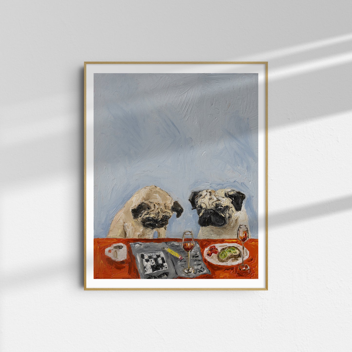 Morning Conundrum B-Grade Print" by Leah Boyd is an 11x14 framed artwork of two pugs at a red table with food, set against a blue-gray background, printed on premium cotton rag.